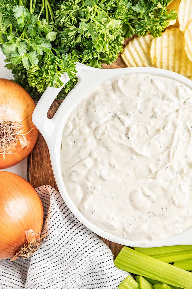 Overhead view of creamy French onion dip.