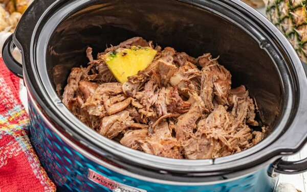 Kalua pork with pineapple in a slow cooker.