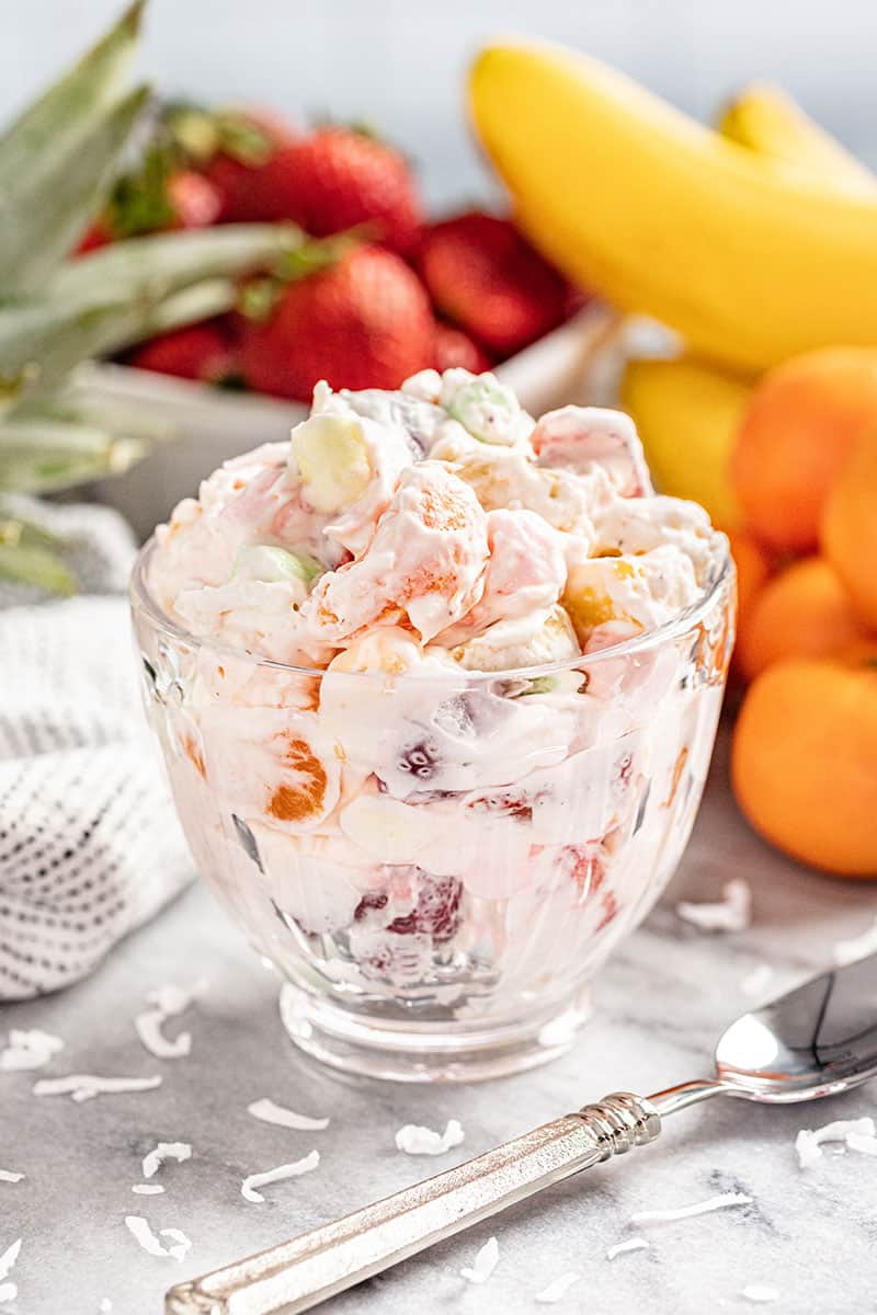 Ambrosia salad in a small bowl.