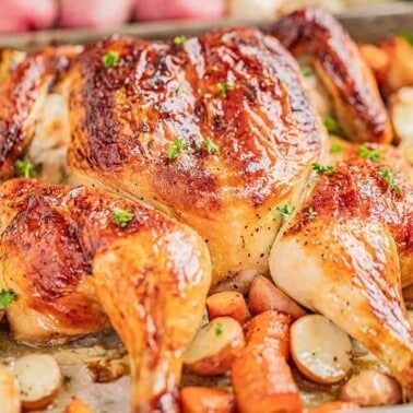 A spatchcock chicken on a baking sheet with carrots and potatoes.