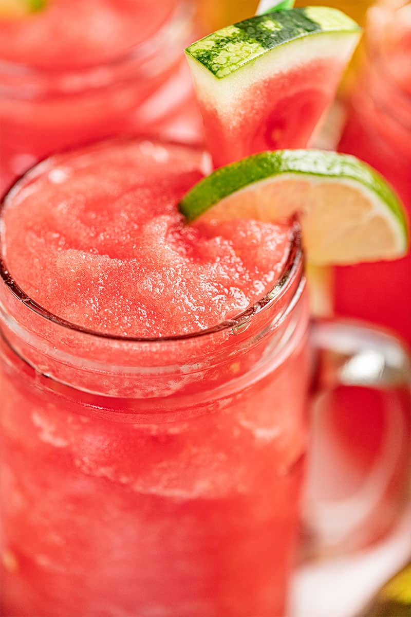 Close up view of a watermelon slushy.