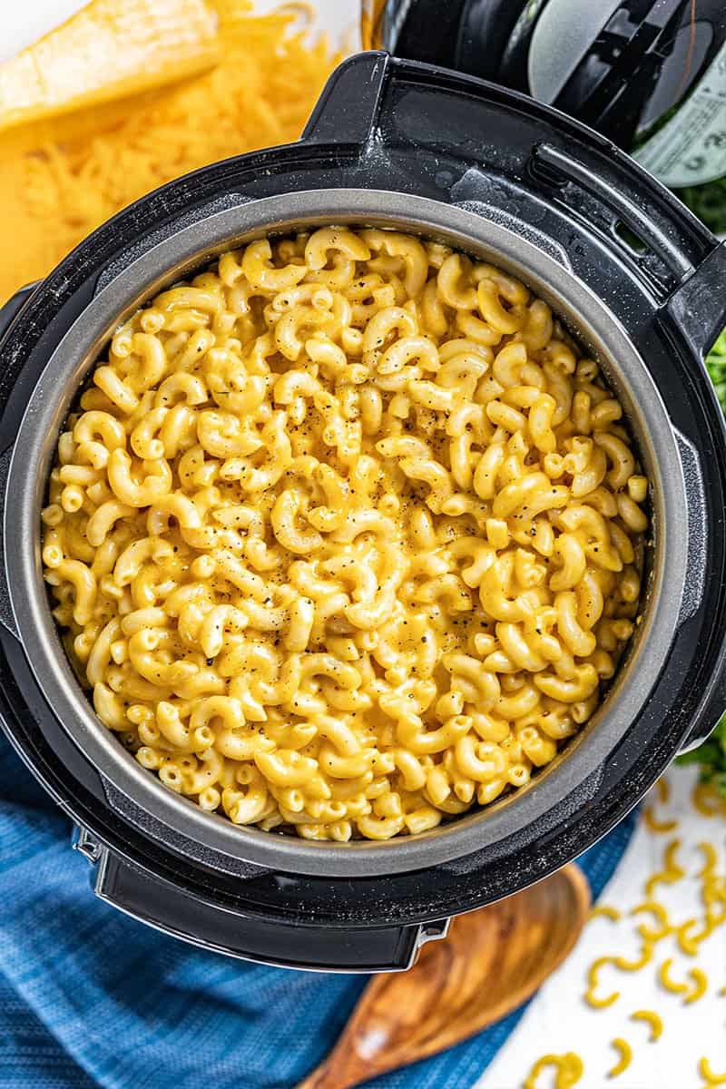 Overhead view of Mac and cheese in an instant pot.