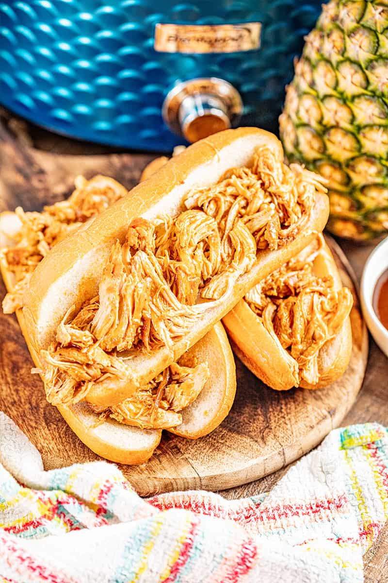 Hawaiian barbecue chicken sandwiches on a hoagie roll.