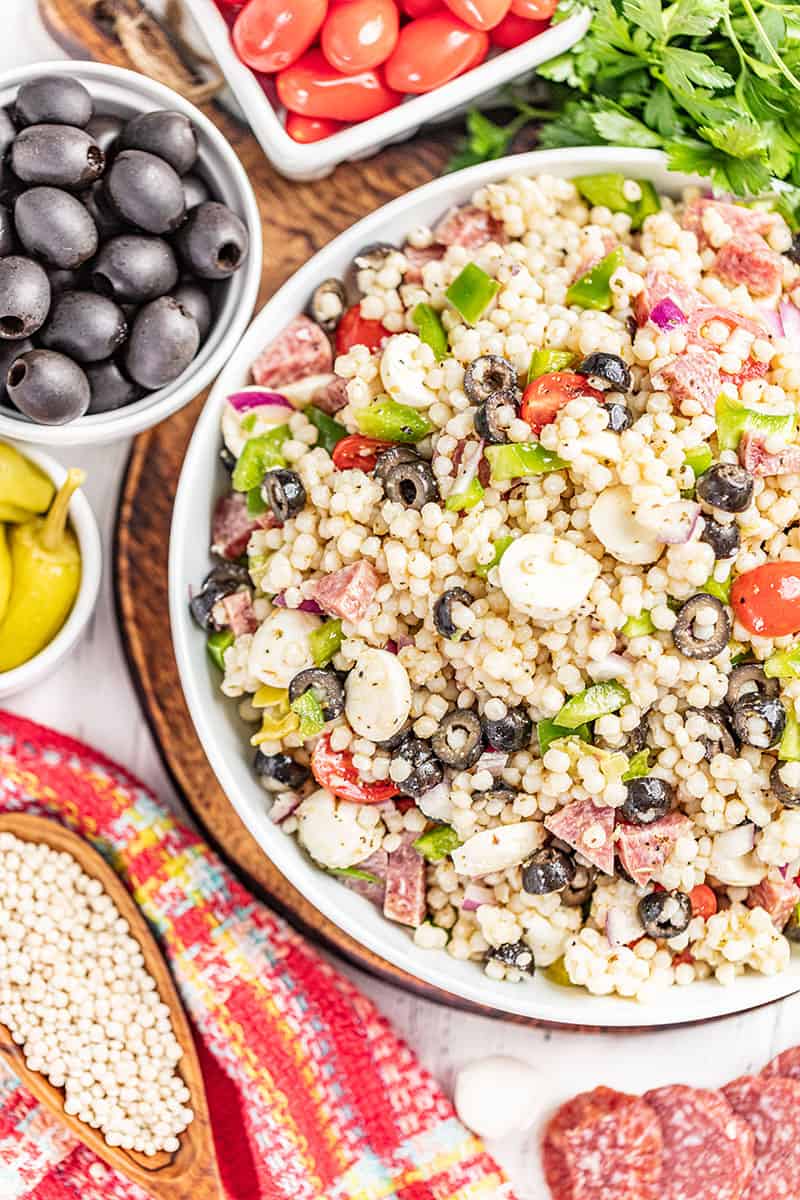 Overhead view of Italian couscous salad in a bowl.