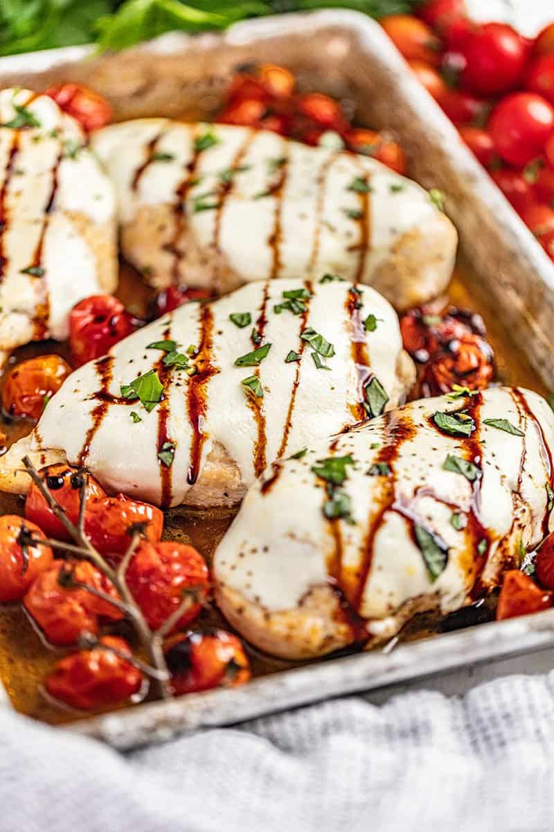 Chicken caprese with tomatoes on a sheet pan.