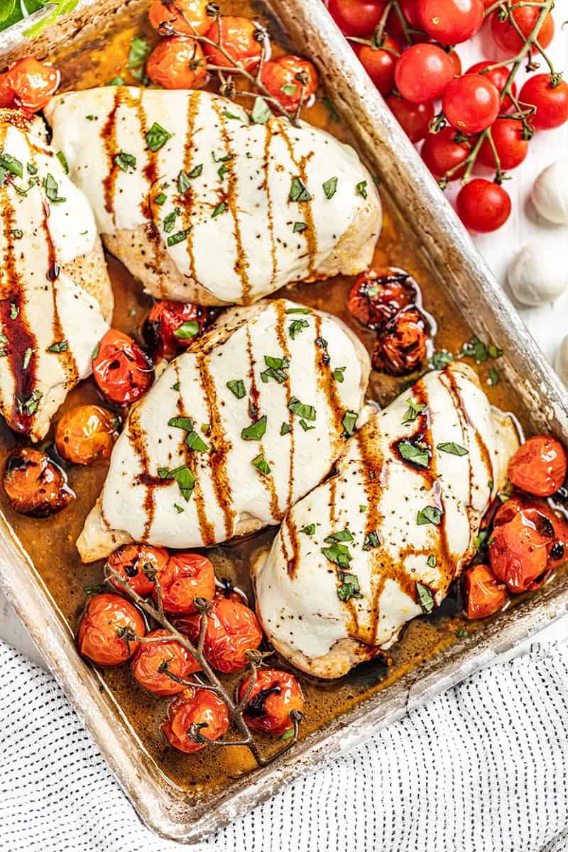 Overhead view of chicken caprese with tomatoes on a sheet pan.