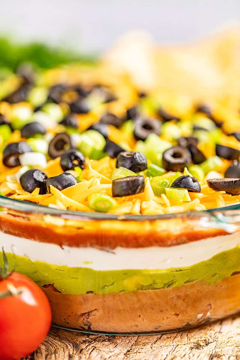 7 layer dip in a glass pan, showing all of the layers.
