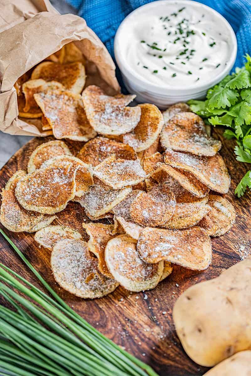 Homemade kettle chips next to French onion dip.