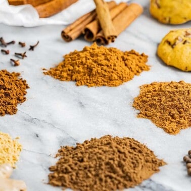 Close up view of the individual spices used to make homemade pumpkin pie spice.