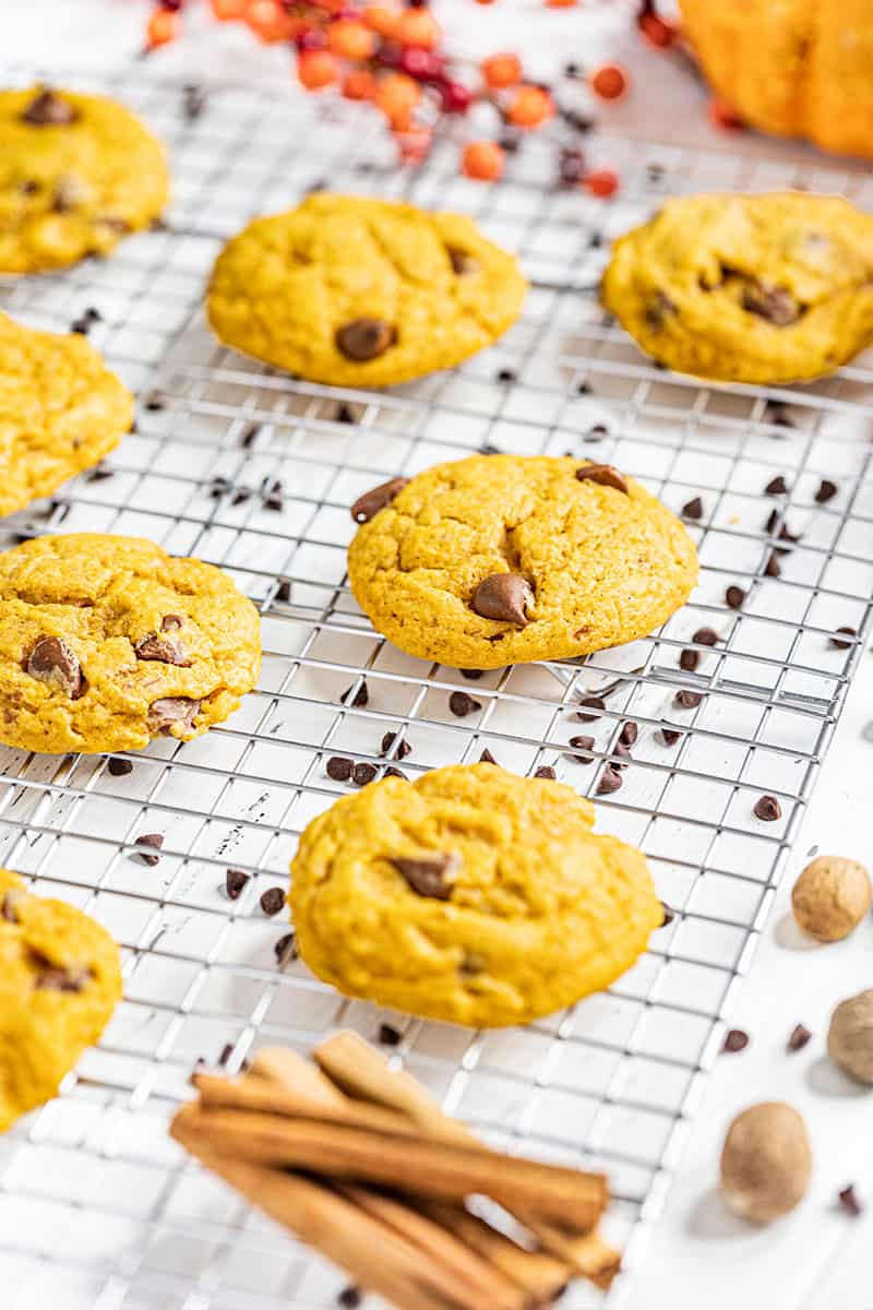 Pumpkin chocolate chip cookies on a cooling rack.