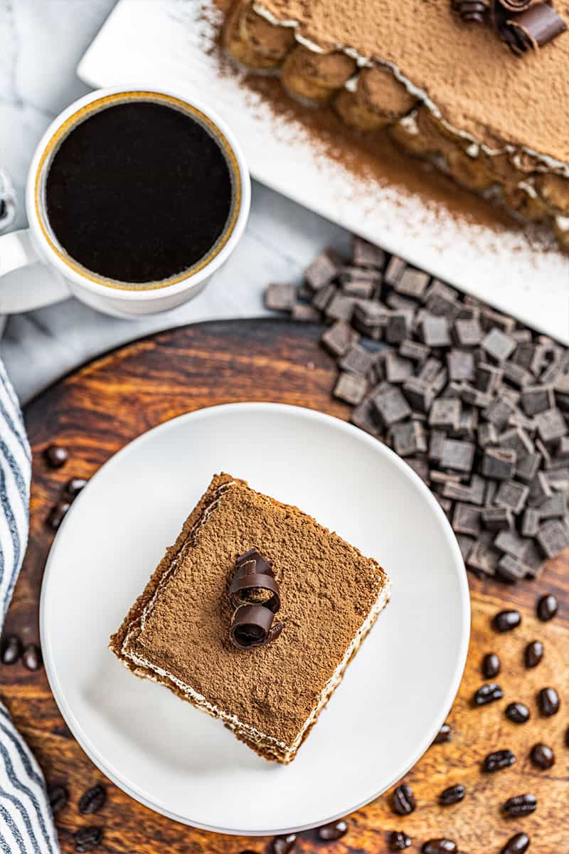 Overhead view of a slice of tiramisu.