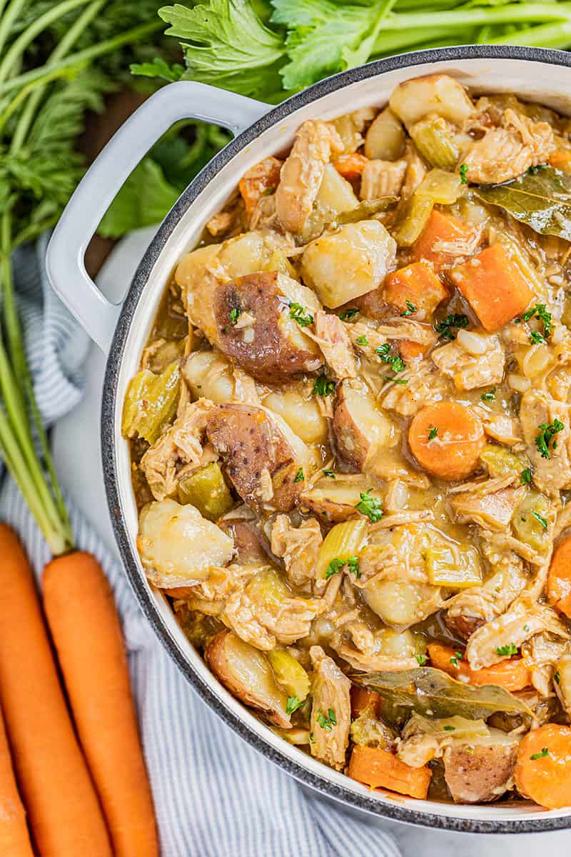 Close up view of old fashioned chicken stew in a pot.