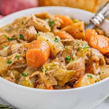 A bowl of old fashioned chicken stew.