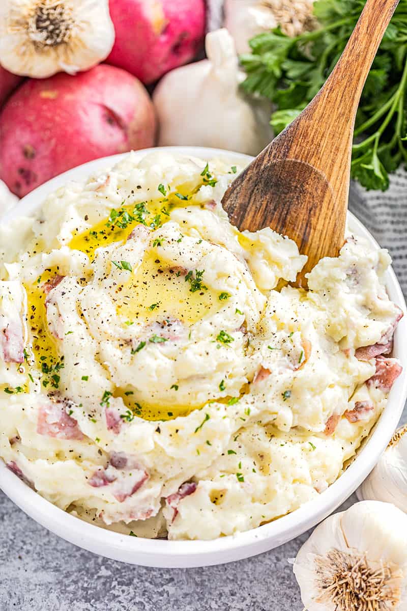 Steakhouse style garlic mashed potatoes in a large bowl.