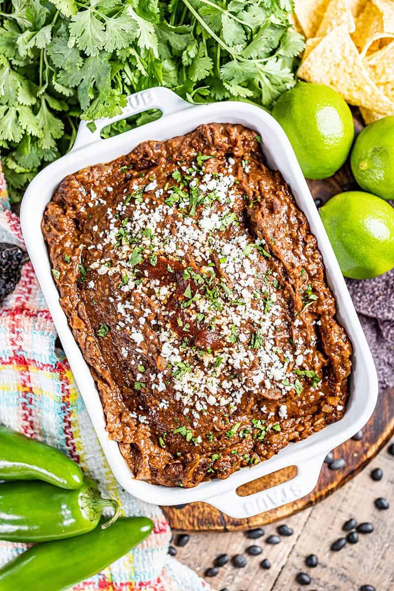 Overhead view of black bean dip.