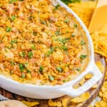 Funeral potatoes in a baking dish.