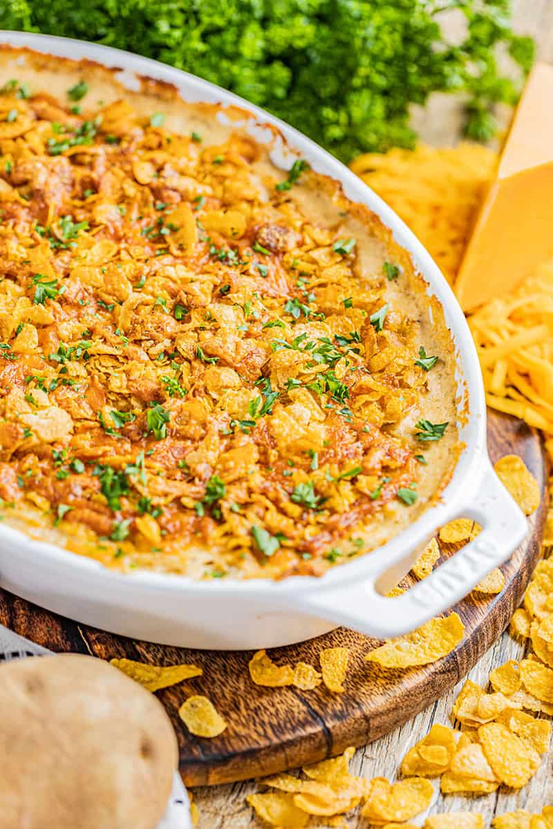 Funeral potatoes in a baking dish.