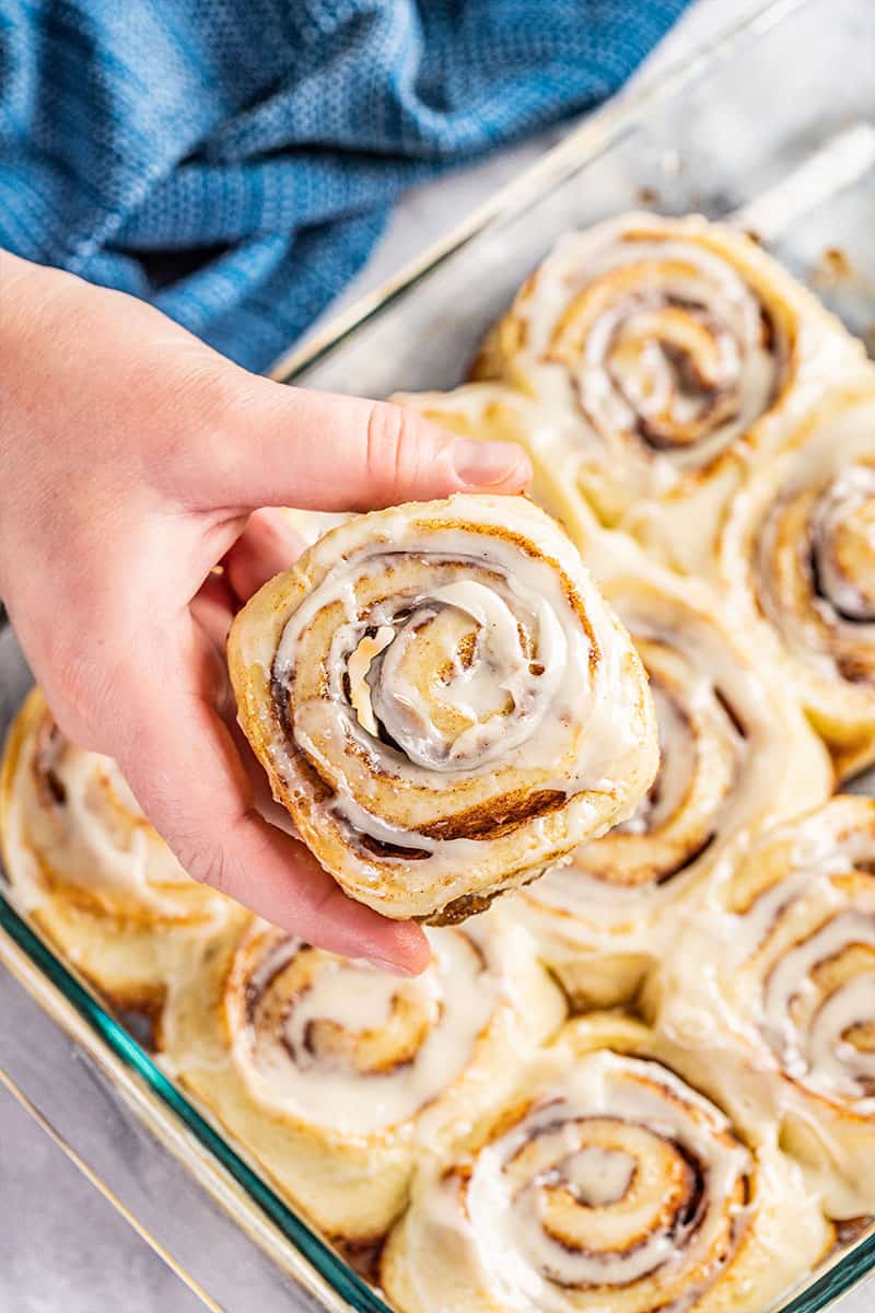 A hand holding a cinnamon roll above the pan of cinnamon rolls.