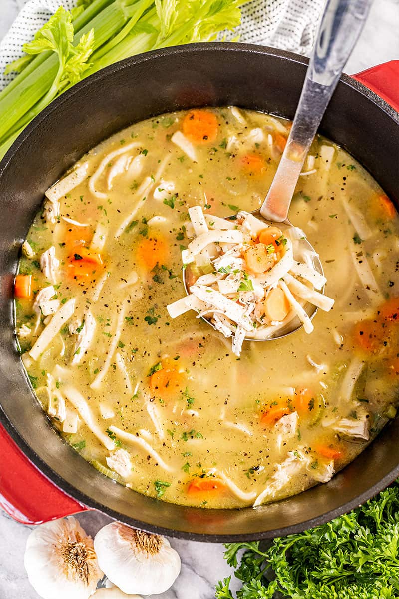 Overhead view into a stockpot filled with chicken noodle soup.