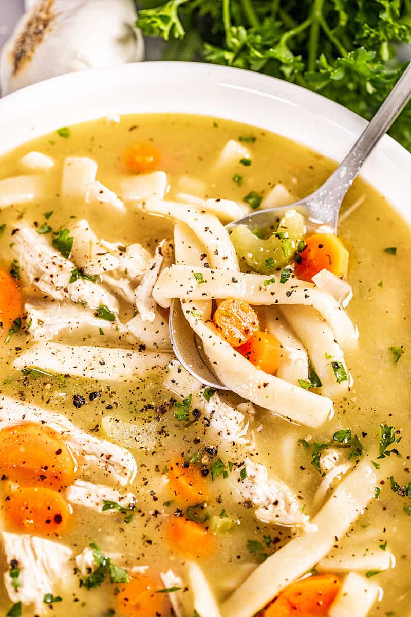 Close up view of a bowl of chicken noodle soup.