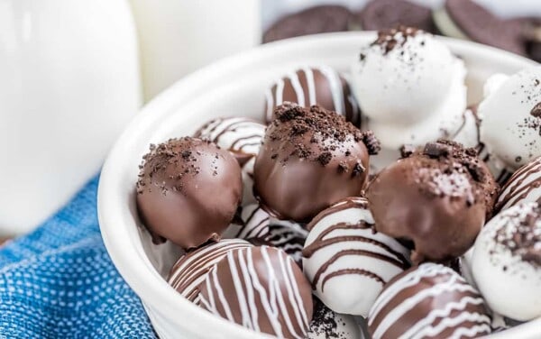 Oreo truffles in a bowl.