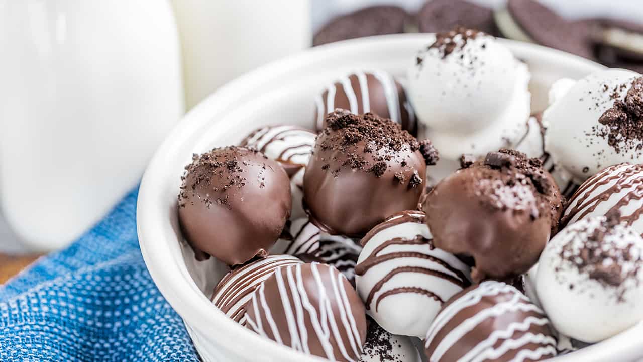 Oreo truffles in a bowl.