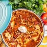 Overhead view into a stockpot filled with lasagna soup.