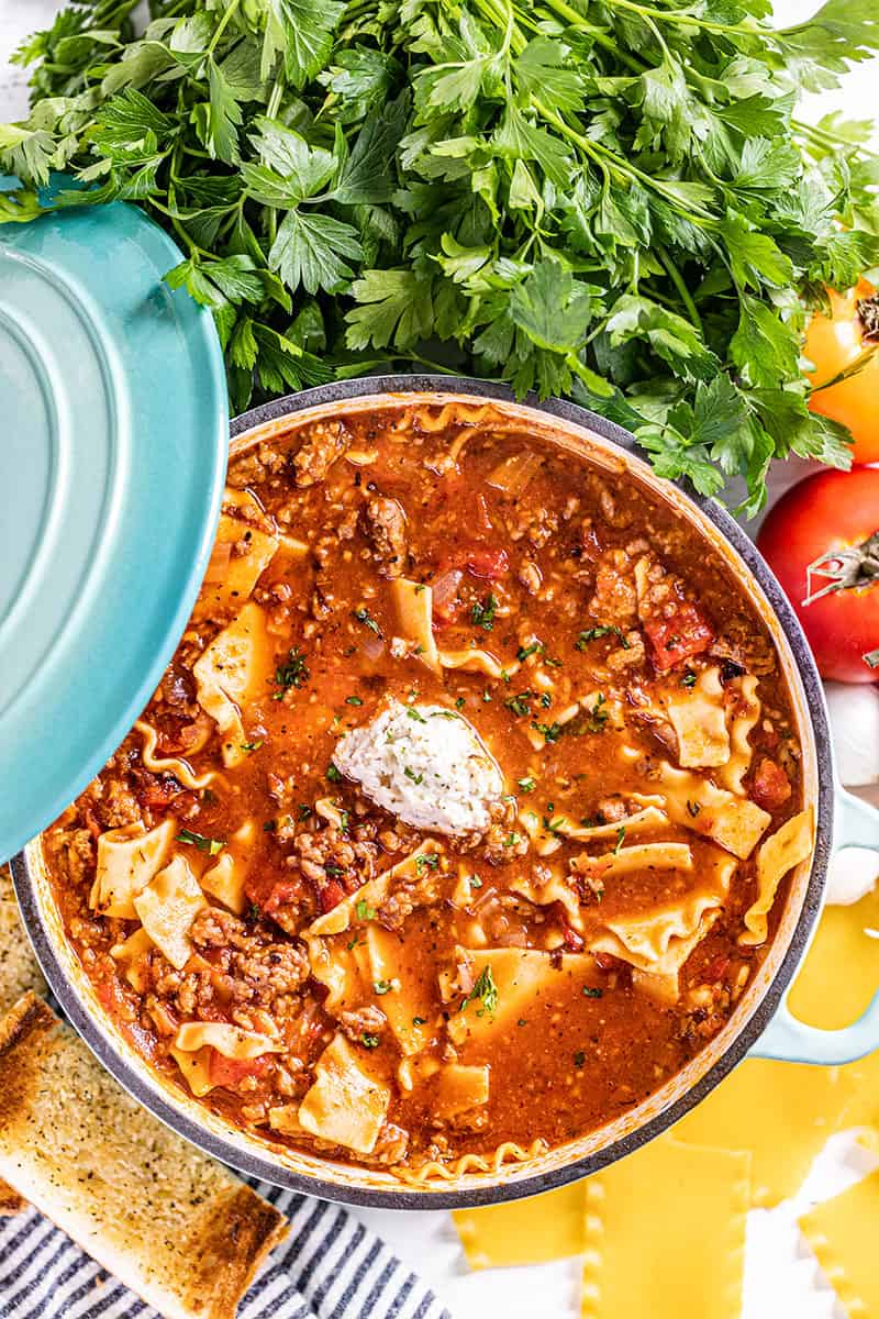 Overhead view into a stockpot filled with lasagna soup.