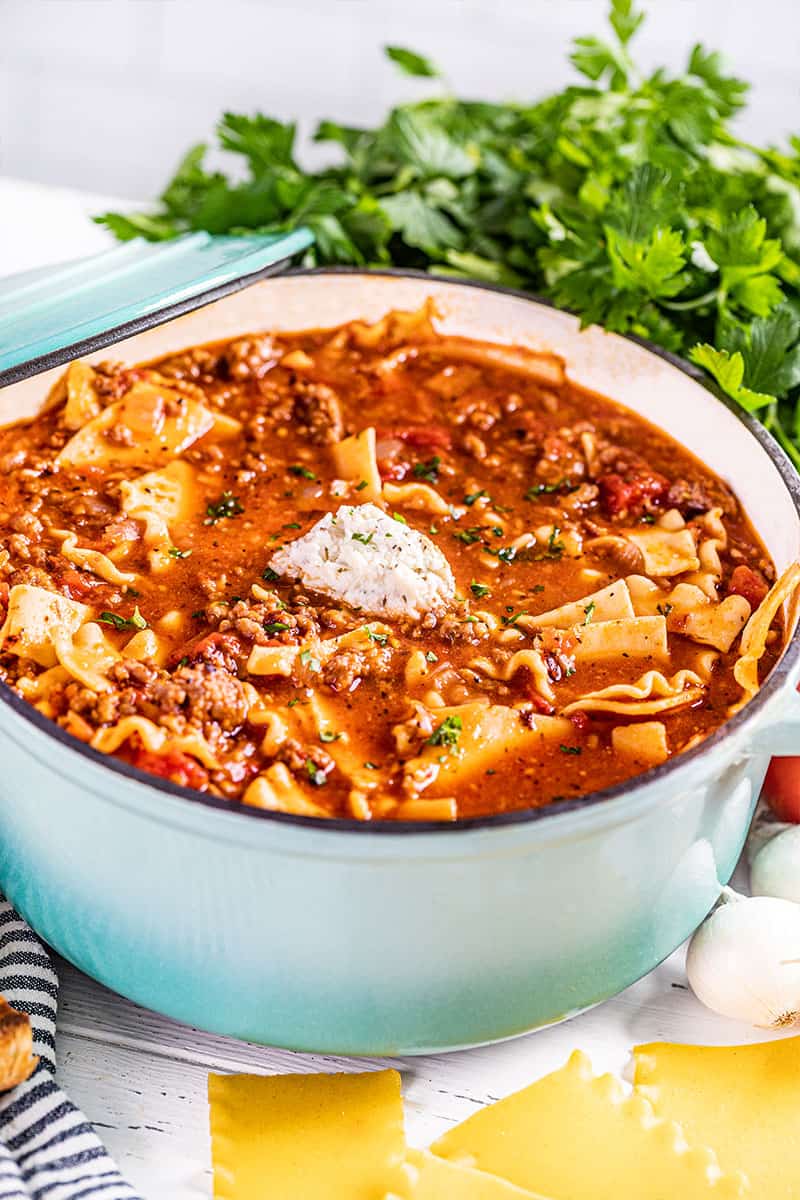 Homemade lasagna soup in a stockpot.