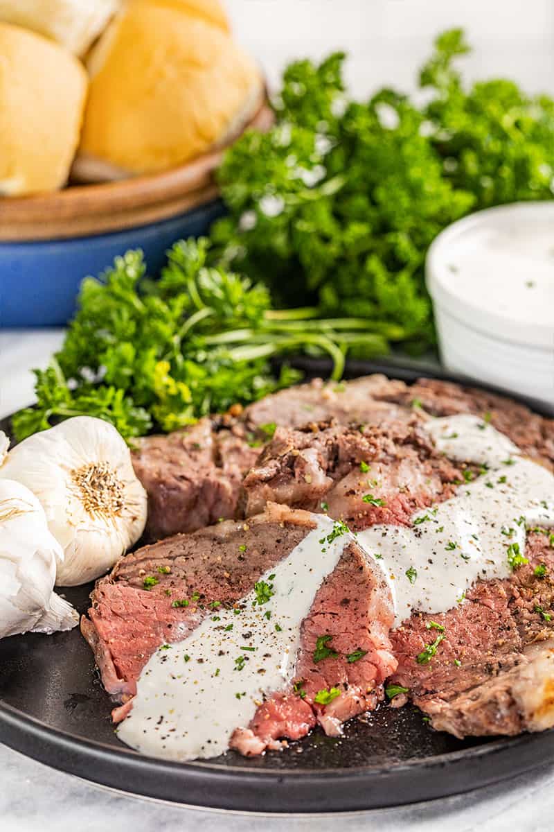 Sliced prime rib roast.