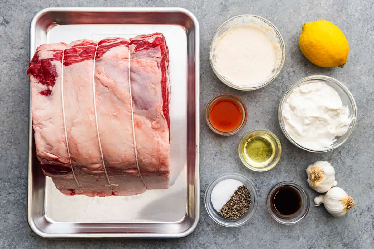 An overhead view of the ingredients needed to make Horseradish Crusted Prime Rib.