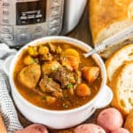 A small bowl filled with instant pot beef stew.