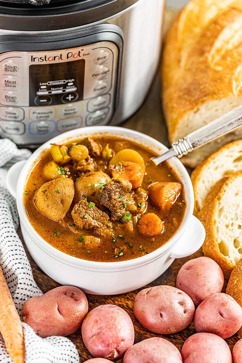 A small bowl filled with instant pot beef stew.