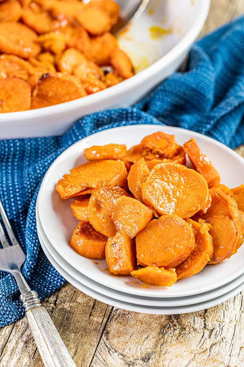 Candied yams on a plate.
