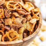 Close up view of party Chex mix.
