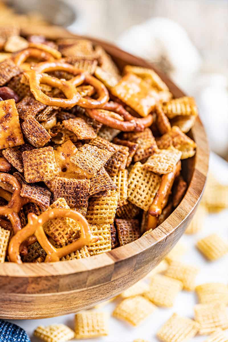 Close up view of party Chex mix.