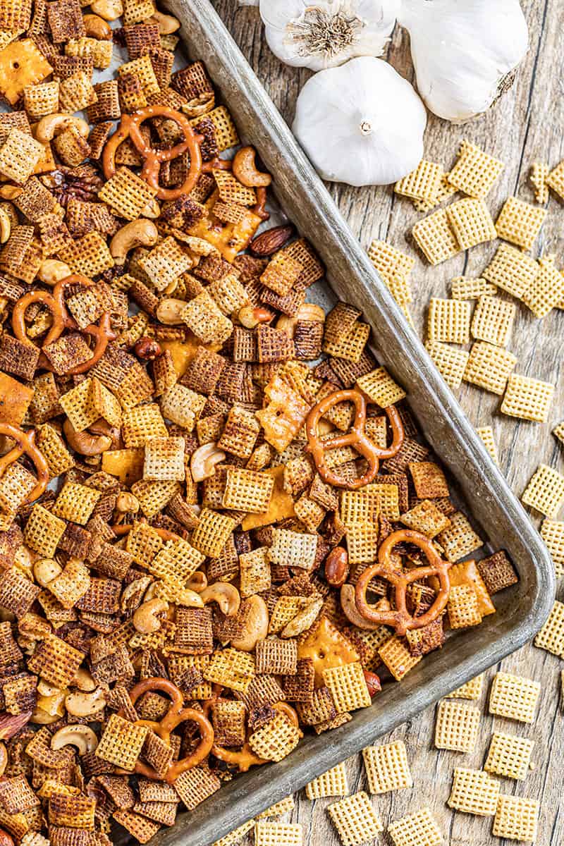 Overhead view of party Chex mix.