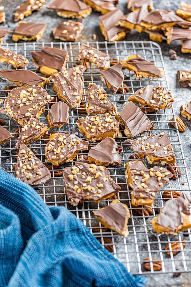 Quick and easy toffee on a cooling rack.