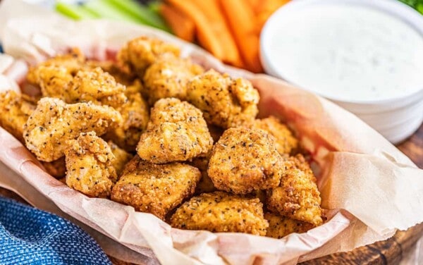 Buffalo chicken bites in a serving bowl.