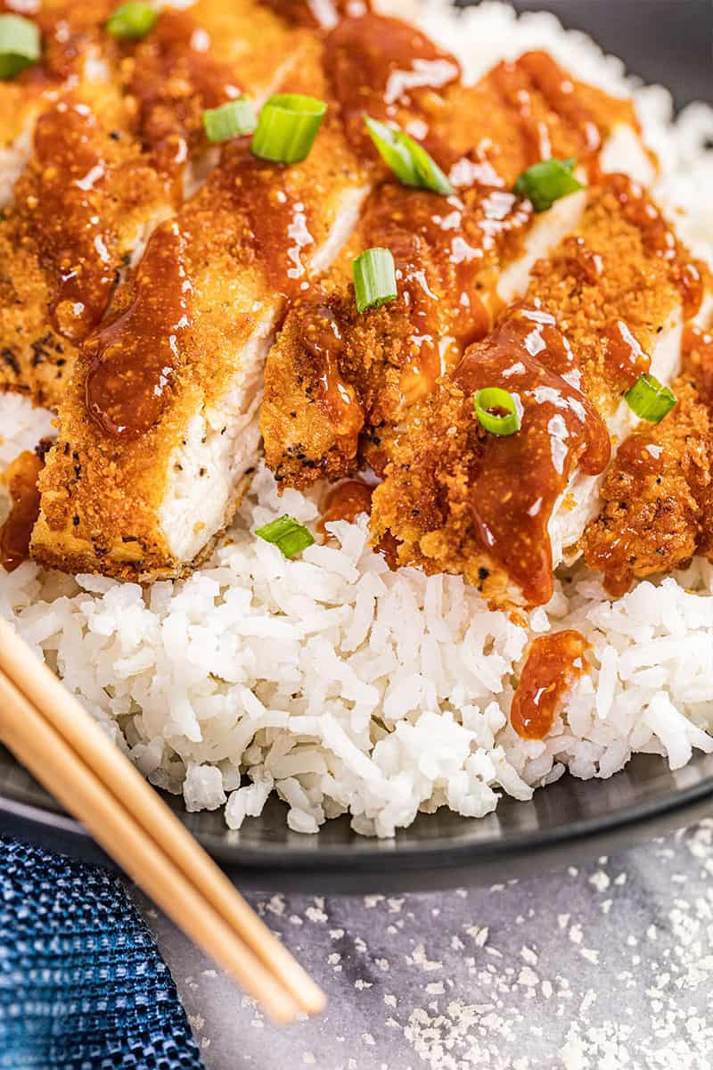 Chicken katsu with green onions on top of rice.