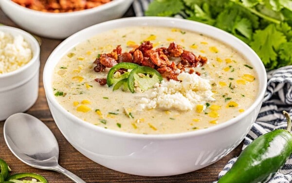 A bowl of street corn soup.
