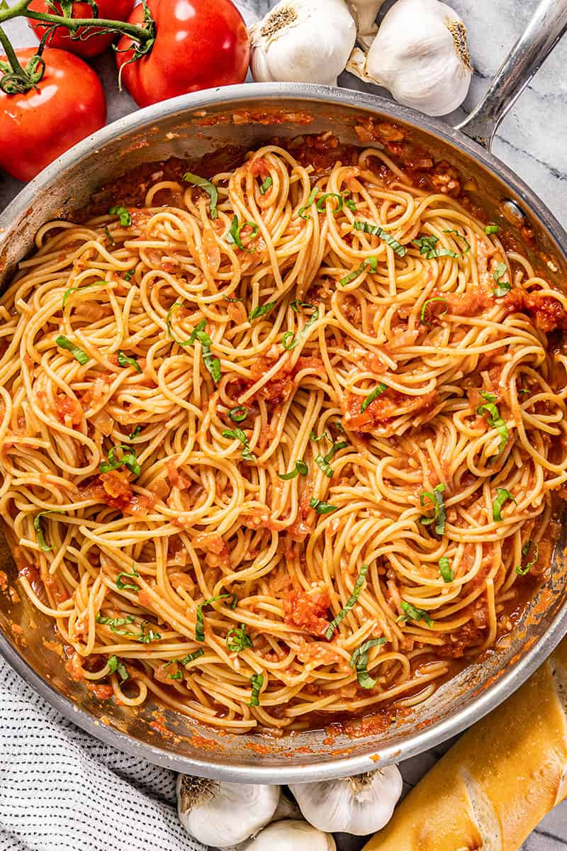 Overhead view of pasta Pomodoro.