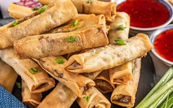 Crispy spring rolls and sweet chili dipping sauce.