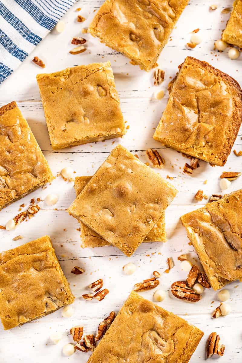 Overhead view of blondies on the counter.