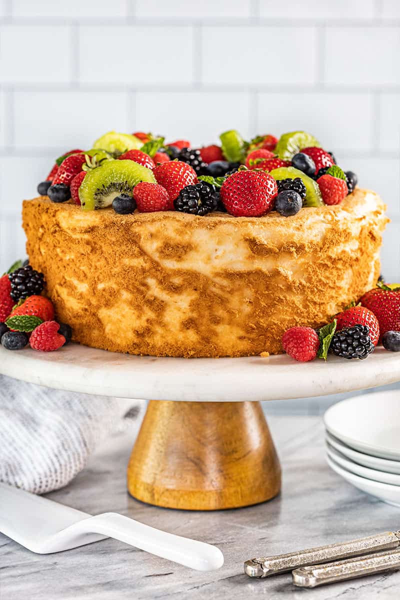 Angel food cake on a cake stand.