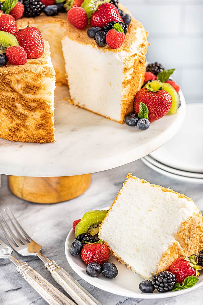 A slice of angel food cake on a plate.