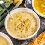 A bowl of potato leek soup.