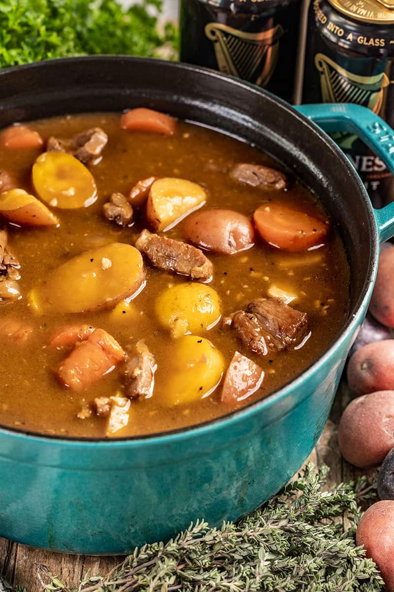 A large pot filled with Irish stew.
