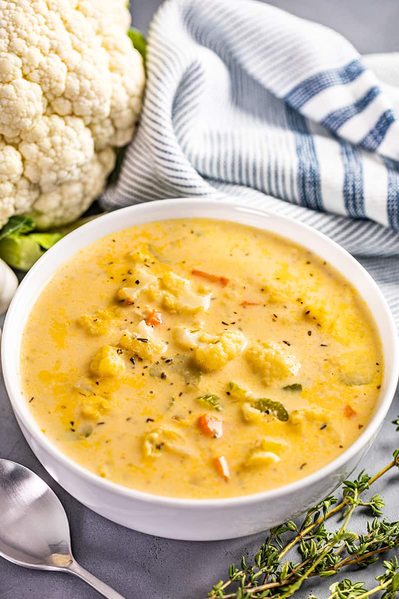 A bowl of creamy cauliflower soup.