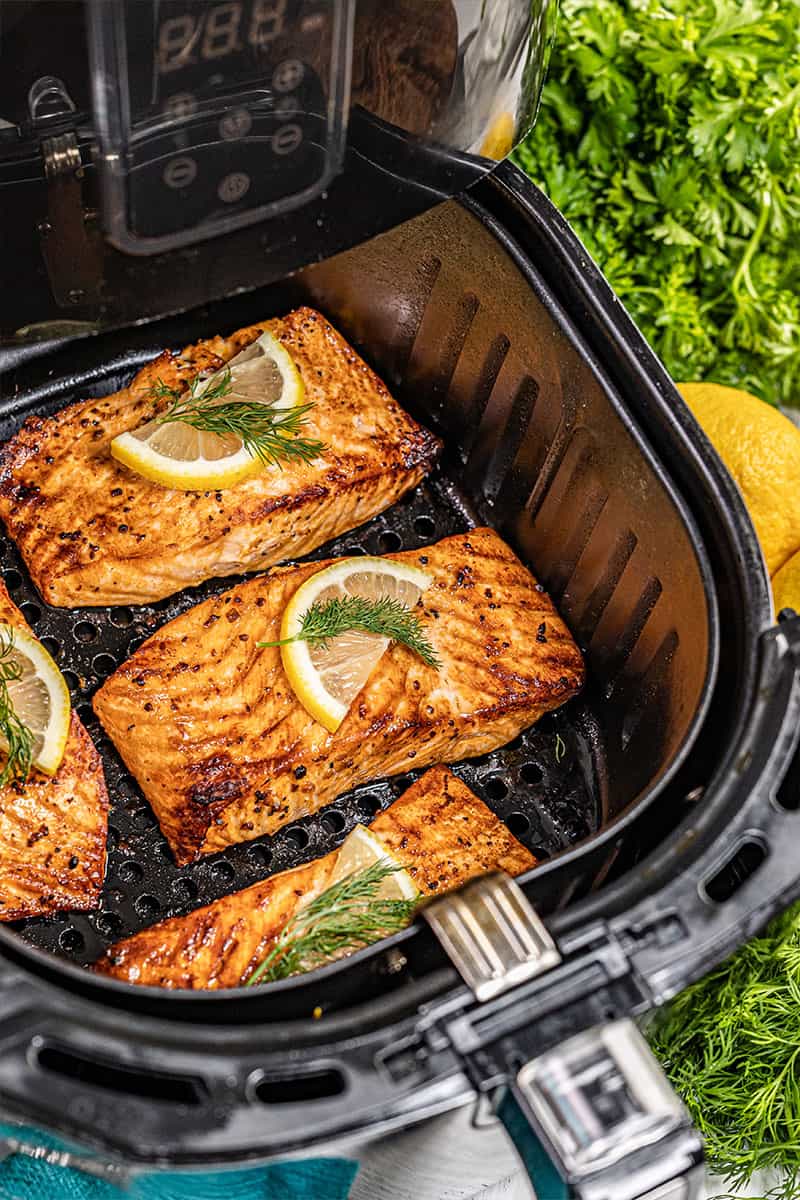 Salmon in an air fryer.